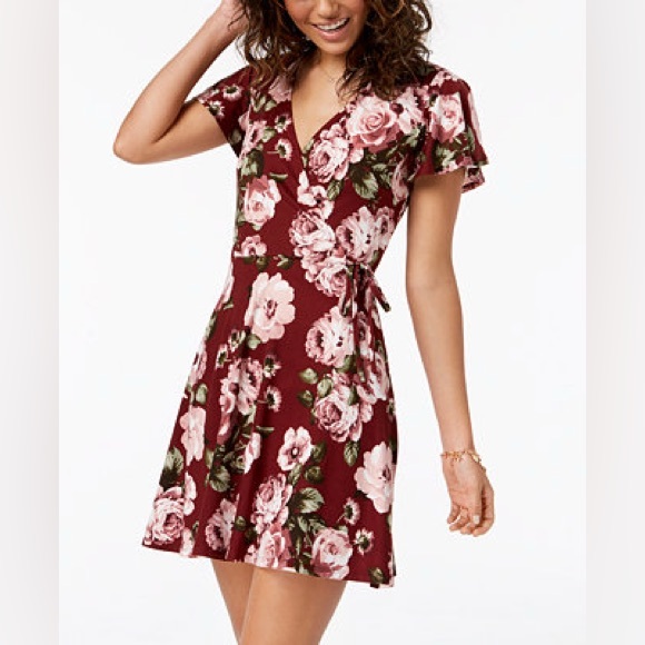 BCX NWT Burgundy and Pink Floral Faux Wrap fit & flare Mini Dress Size Small - Picture 1 of 11